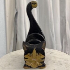Hand Carved Wood Cat Coaster/Mail Holder Whimsical Decor Black & Gold